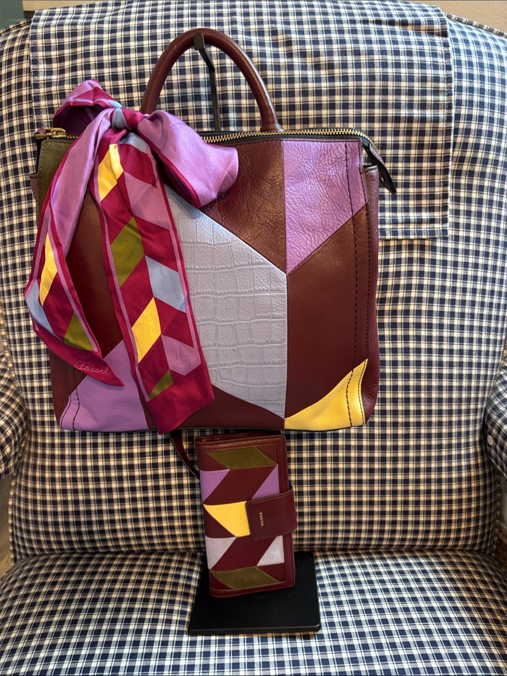 Fossil Patchwork Leather Tote Bag with silk Scarf  and wallet
